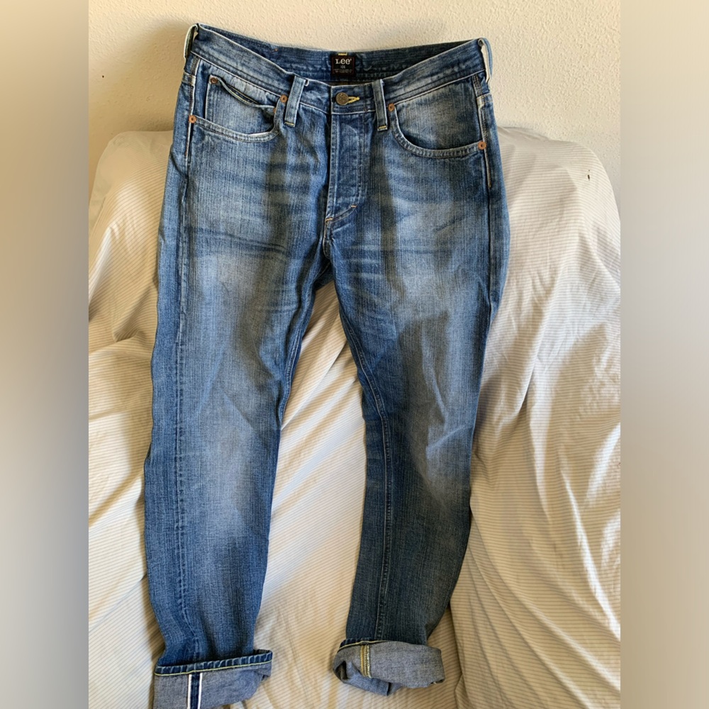 Lee 101 S Selvedge Denim Jeans Blue Button Fly Straight